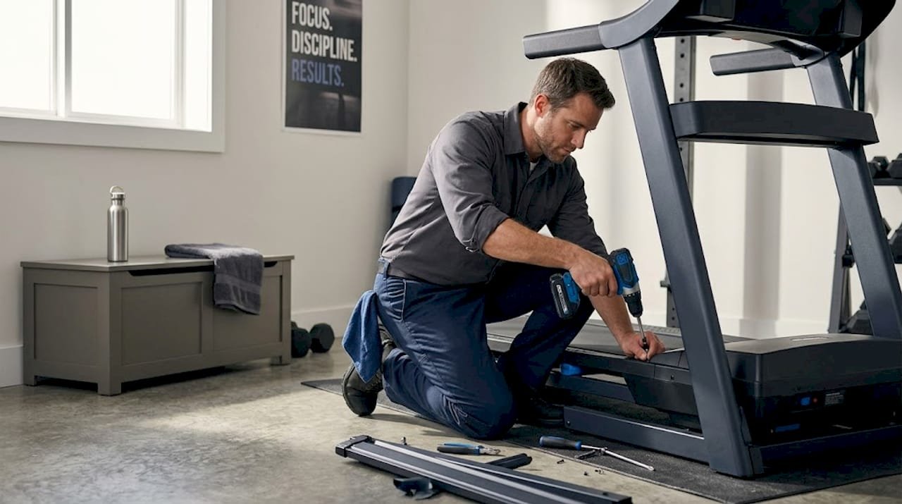 Man working on treadmill in home gym