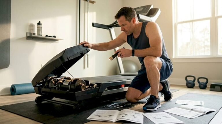 Man inspecting treadmill motor in home garage