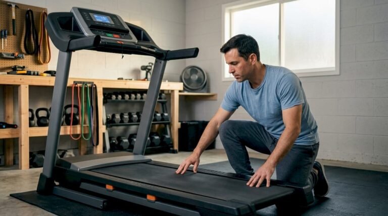 Man inspecting treadmill belt at home