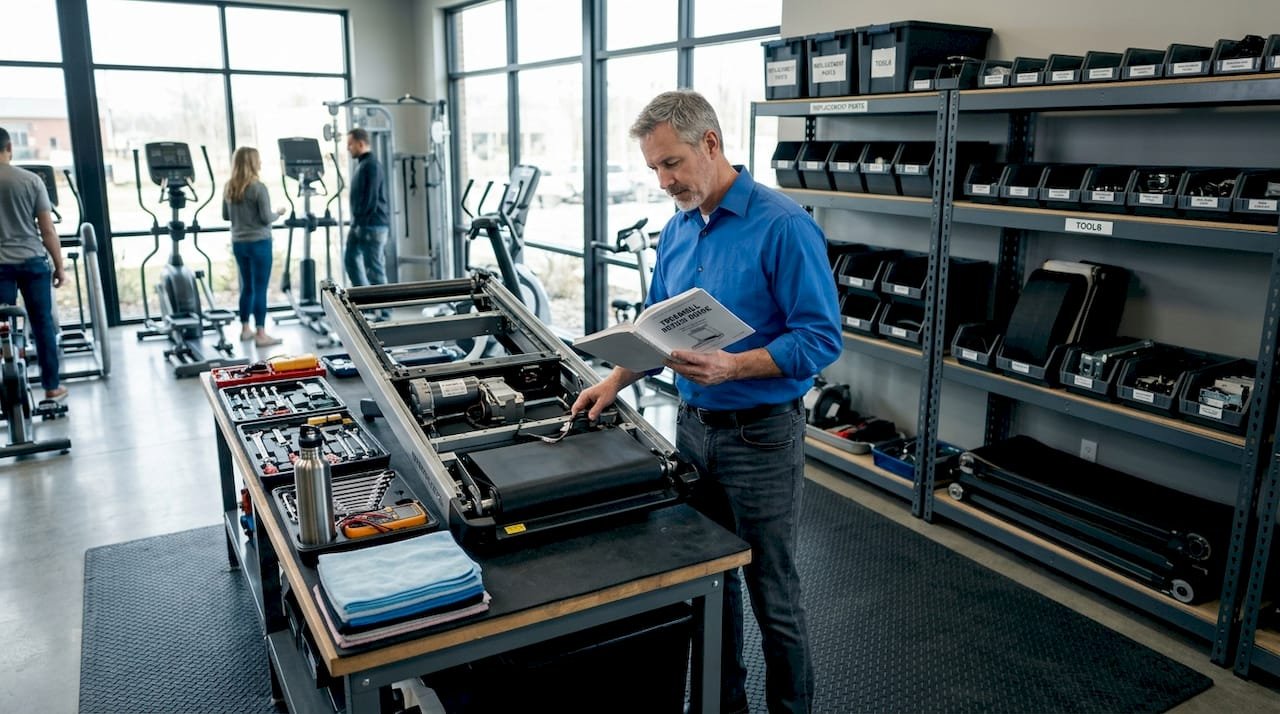 Technician refurbishing treadmill in repair shop