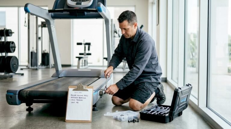Technician repairing treadmill roller in gym