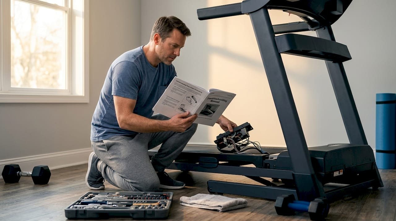 Homeowner repairing treadmill in home gym