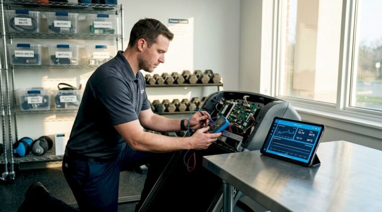 Technician repairs treadmill in gym storage room