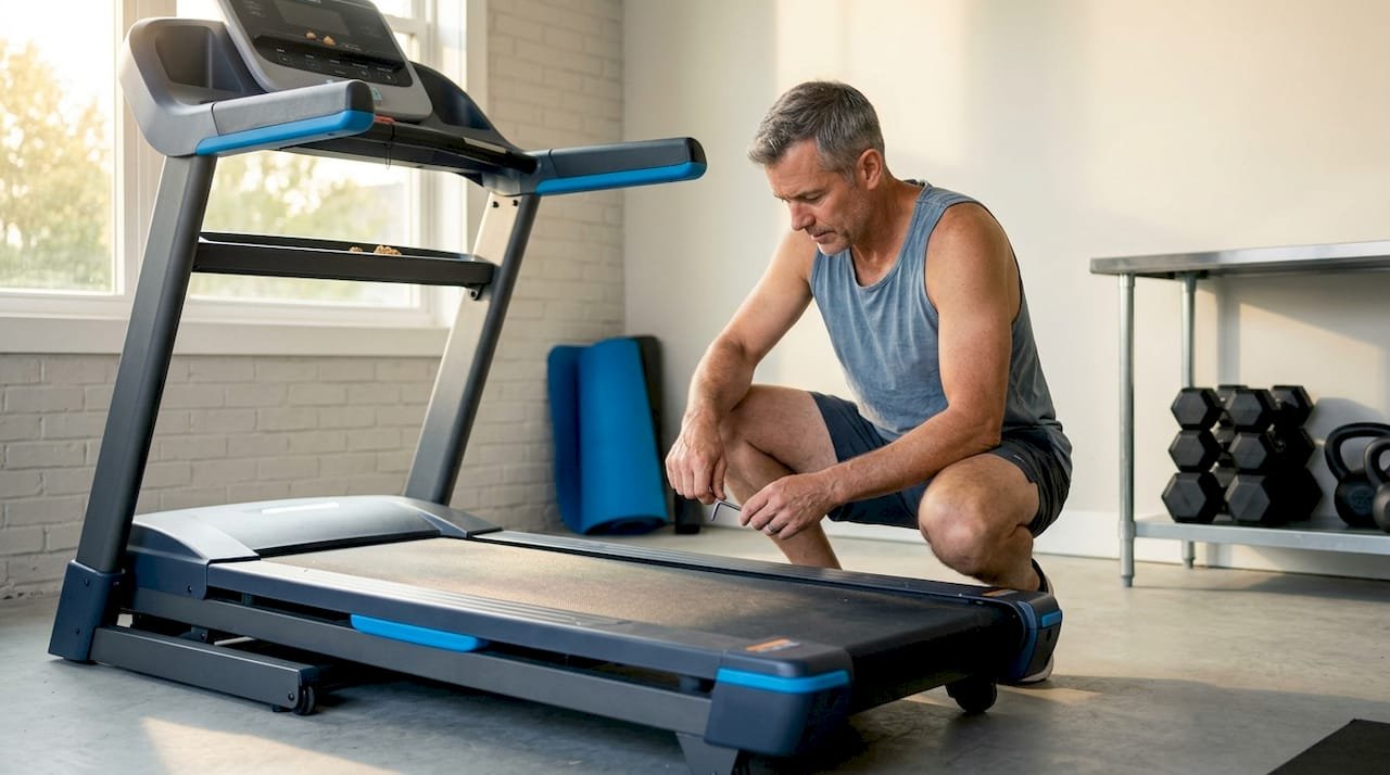 Man adjusting treadmill belt in home