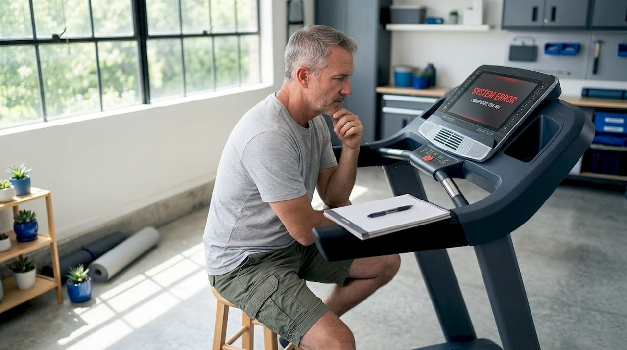 Person reading treadmill error code screen