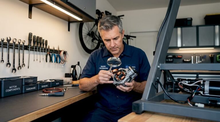 Technician inspecting treadmill motor part at workbench