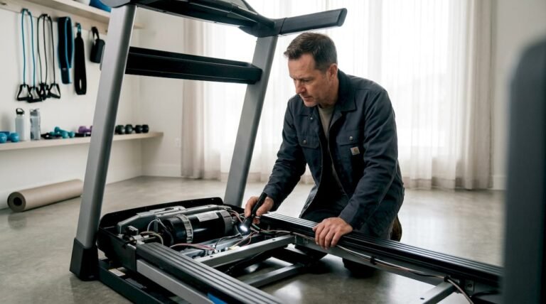 Technician inspecting treadmill motor and frame