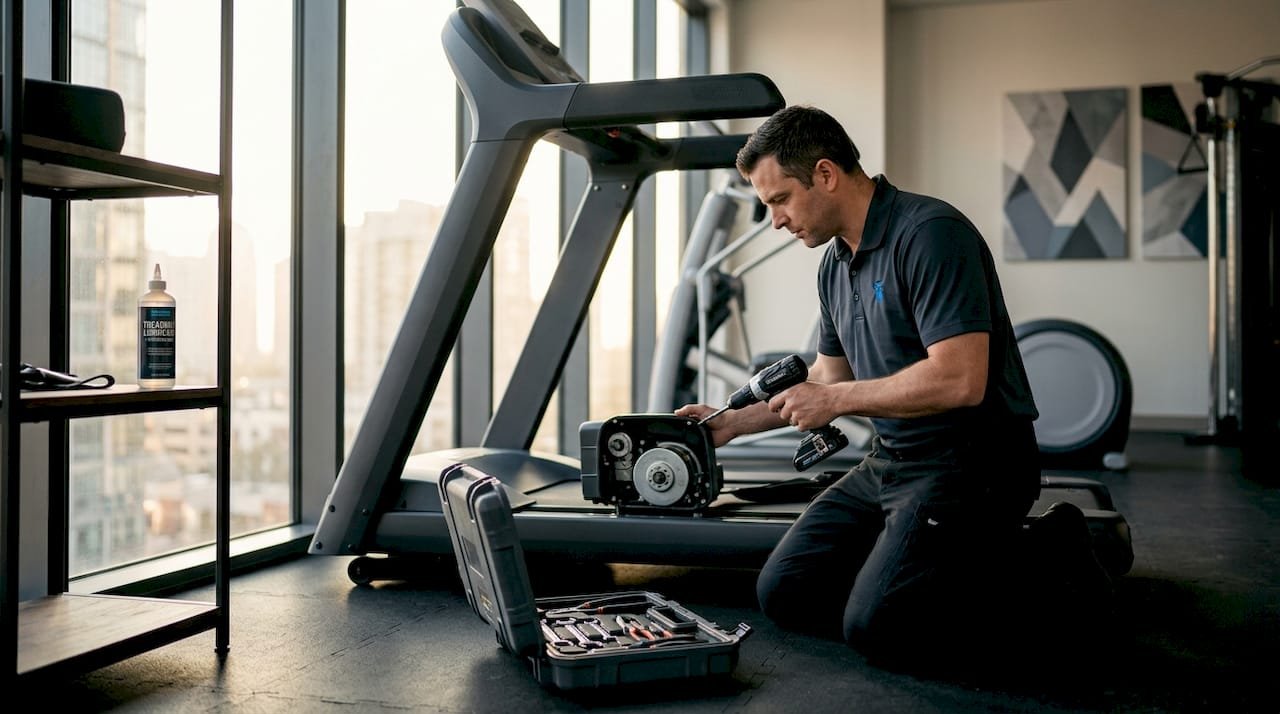 Technician inspecting treadmill motor