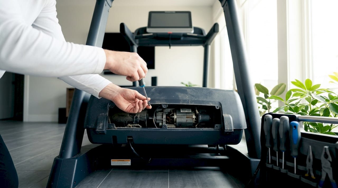 Hands working on treadmill incline motor in home gym