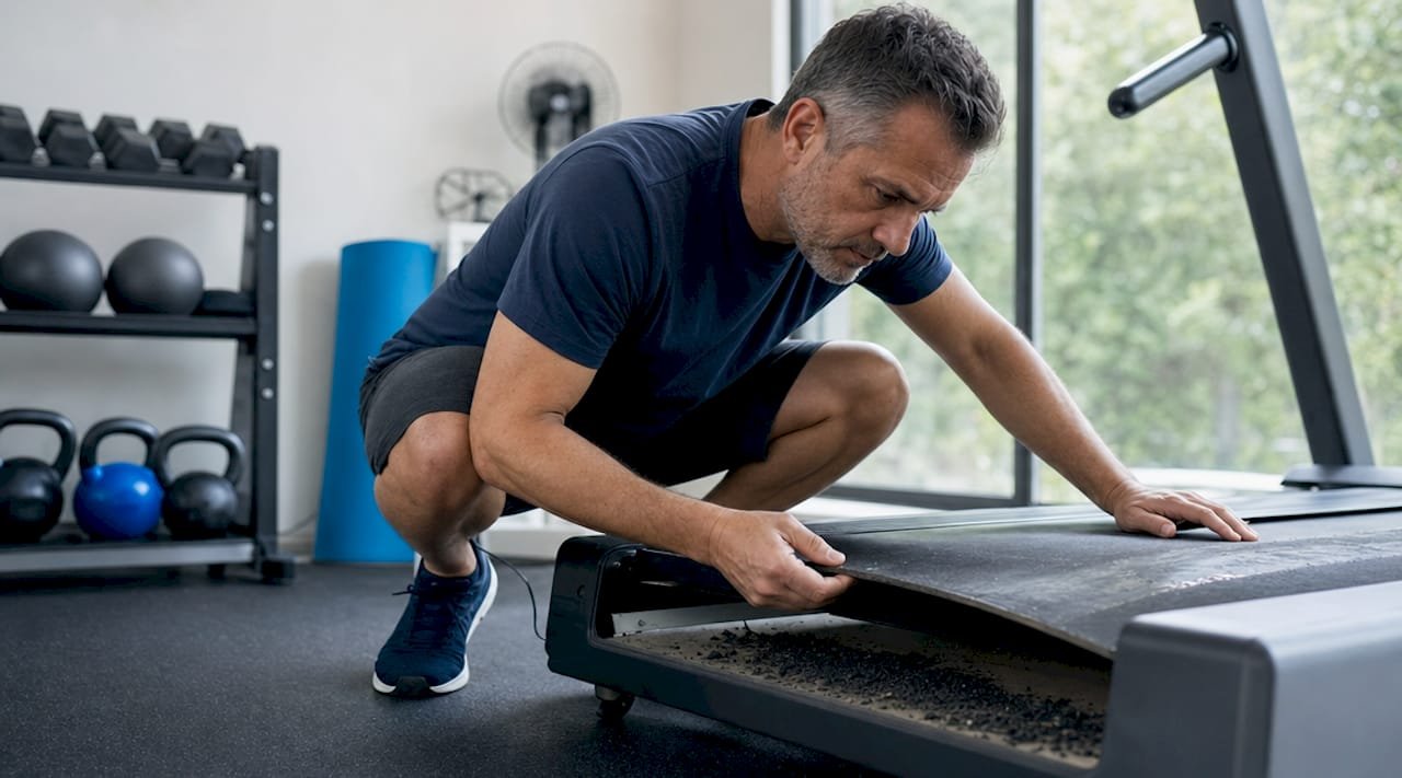 Man inspecting worn treadmill running surface