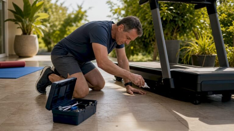 Man lubricating treadmill at home gym