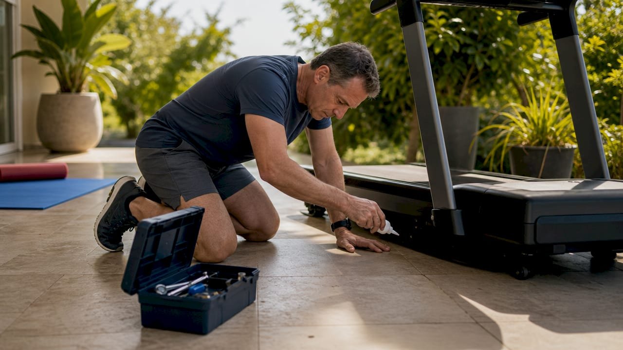 Man lubricating treadmill at home gym