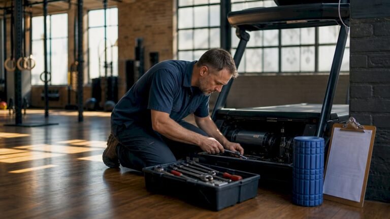 Technician repairing treadmill in gym setting