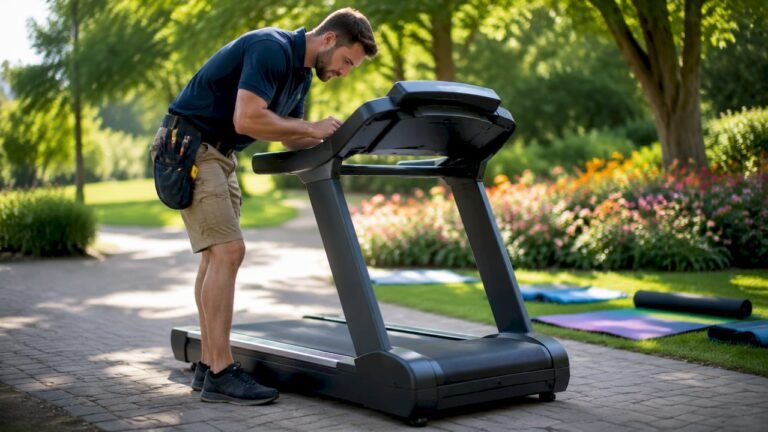 Technician reviewing treadmill repair contract in gym