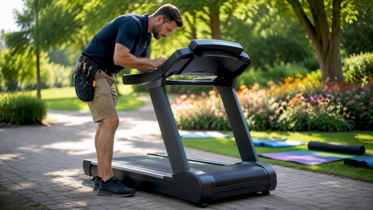 Technician reviewing treadmill repair contract in gym