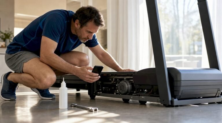 Man diagnosing treadmill noise at home