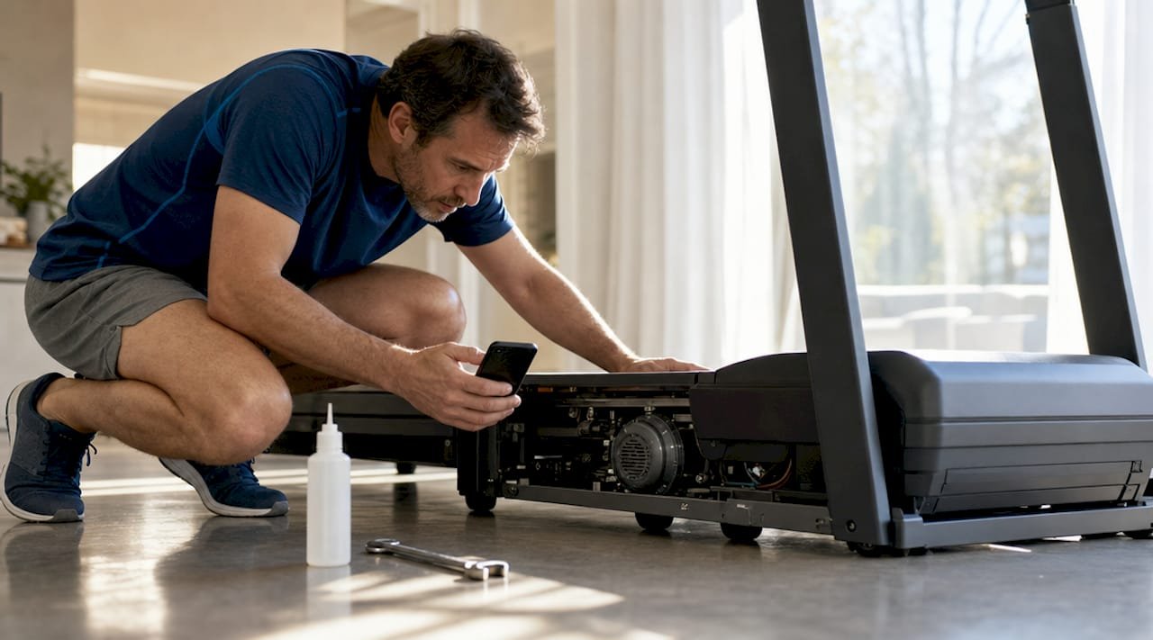 Man diagnosing treadmill noise at home