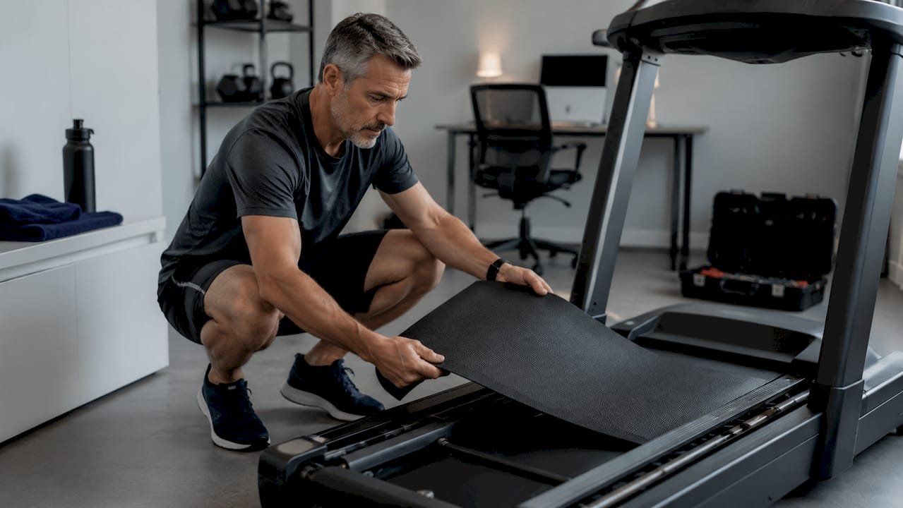 Man inspecting treadmill belt for replacement