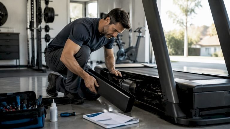 Technician repairing treadmill belt indoors