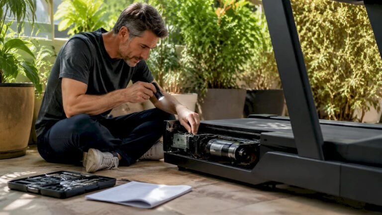 Man inspecting treadmill motor in home