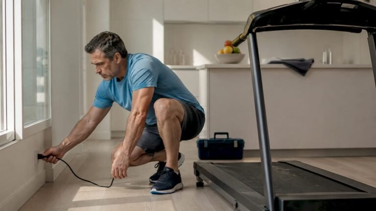 Man unplugging treadmill after malfunction