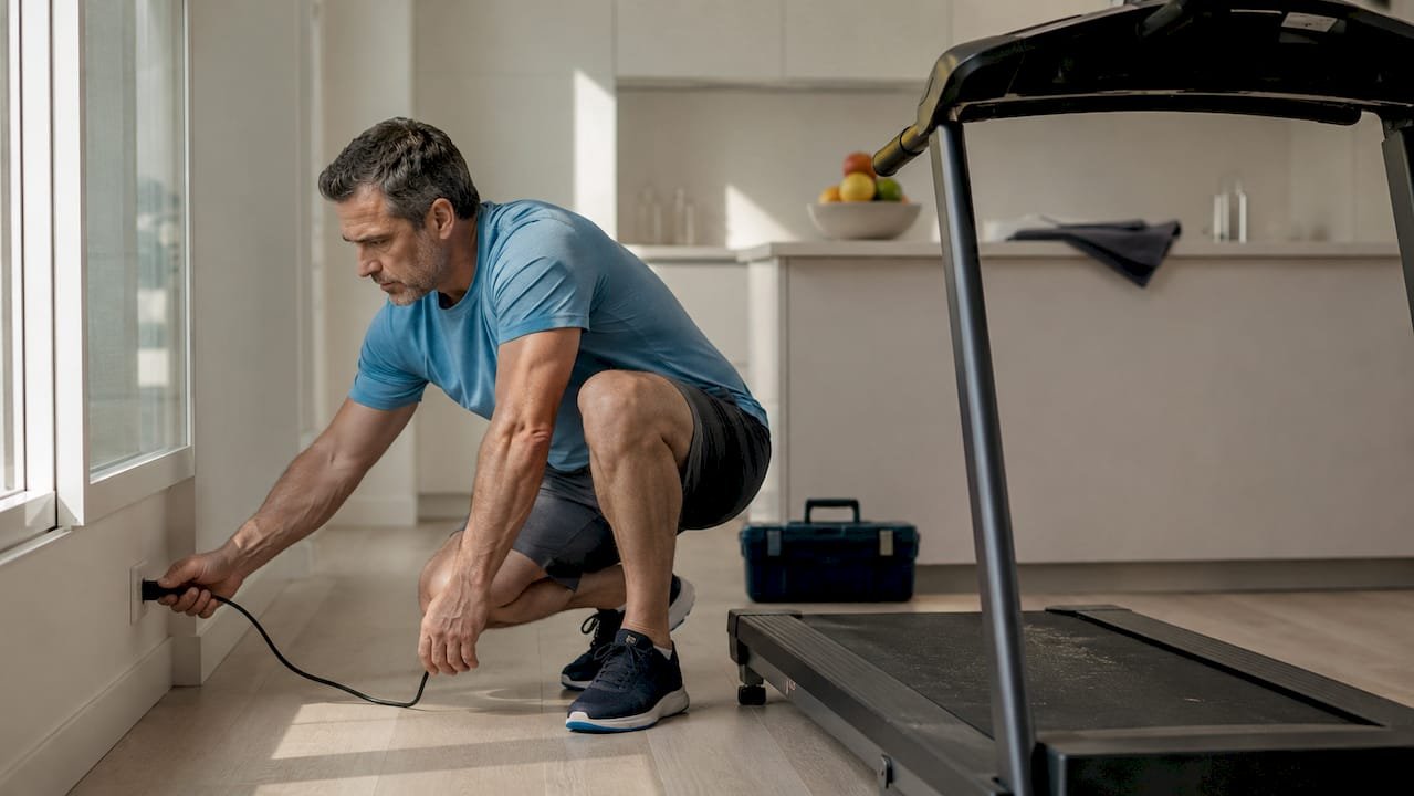 Man unplugging treadmill after malfunction