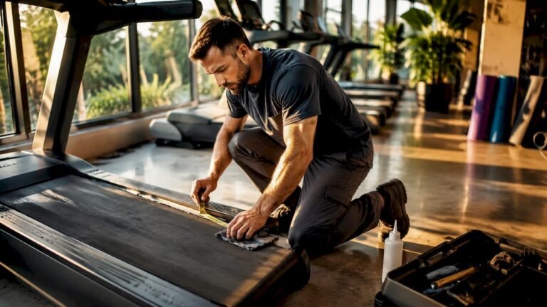 Technician inspecting treadmill belt wear in gym