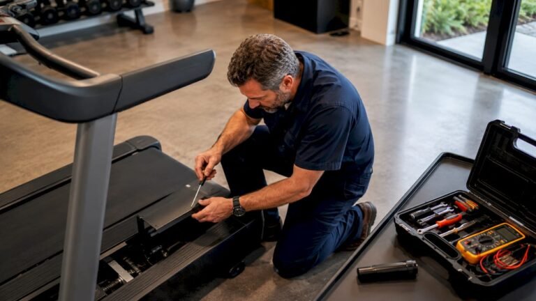 Technician repairing treadmill motor overheating issue