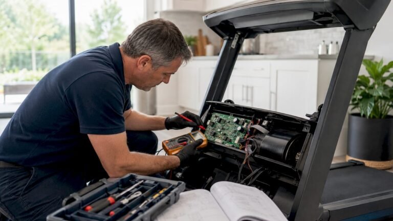 Technician testing treadmill control board in garage