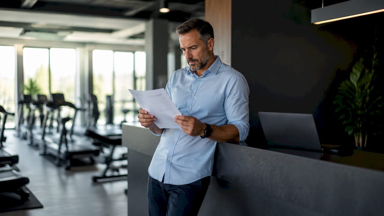 Gym owner reviewing treadmill repair pricing documents
