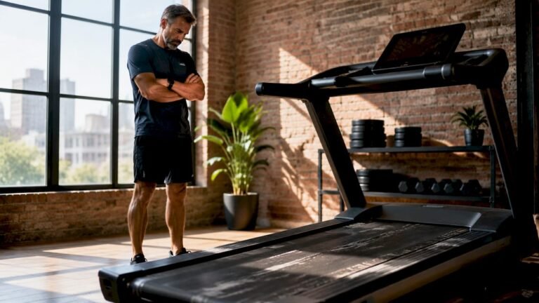 Man examining treadmill for repair needs