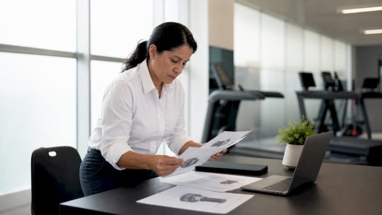Facility manager reviewing treadmill motor specs