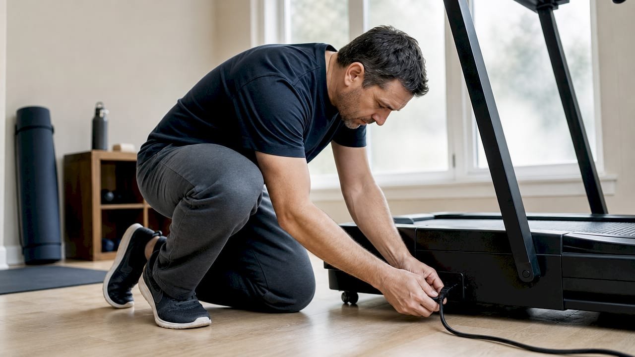 Man checking treadmill power cord connection