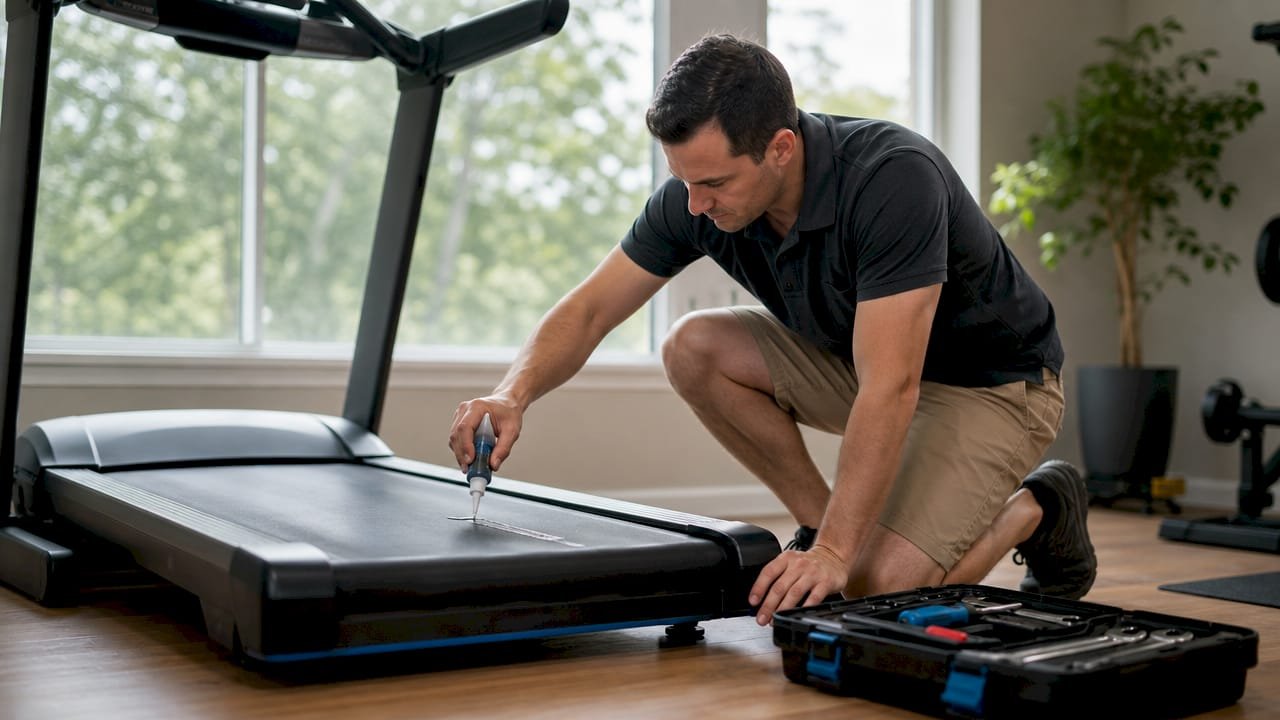 Technician lubricating treadmill deck in home gym
