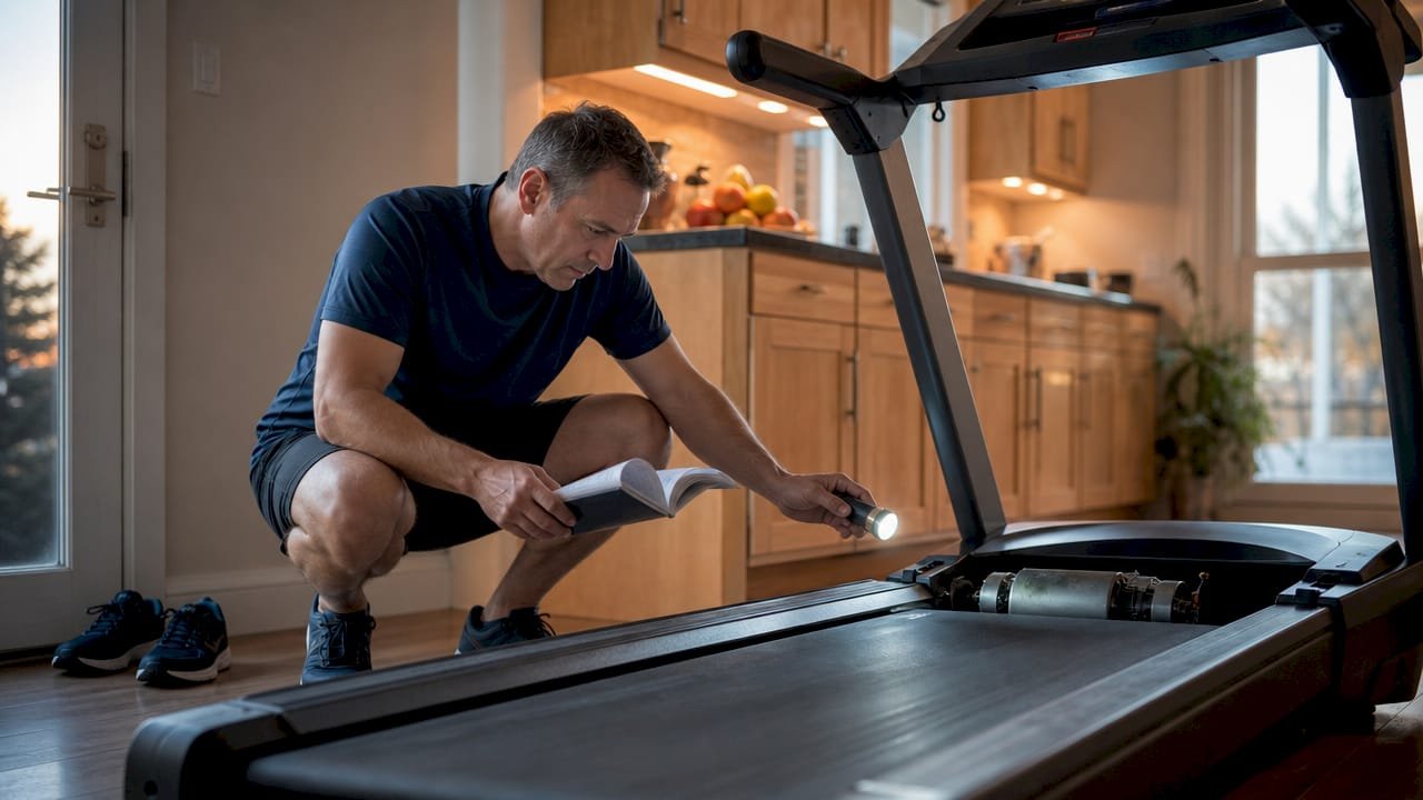 Man inspecting treadmill motor at home