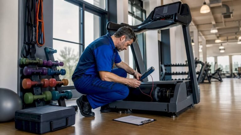 Technician repairing treadmill in gym setting