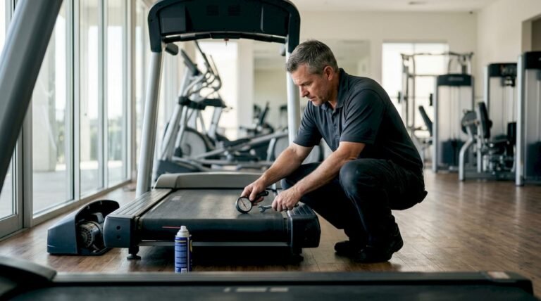 Technician inspecting treadmill motor in gym